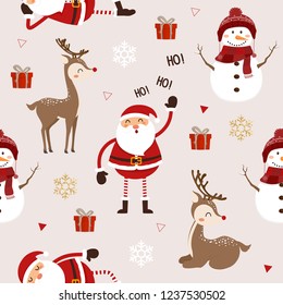 seamless pattern of Santa Clause, deer, snowman and gift. Cute Christmas holidays cartoon 