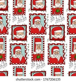 Seamless pattern with Santa Clauses portraits. Christmas vector line illustration. Xmas background. Winter holiday wallpaper for wrapping paper, print, fabric, textile.