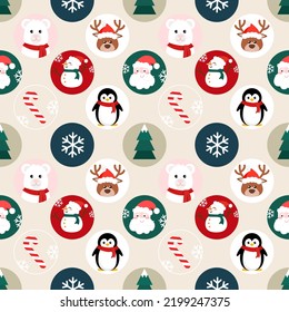 Seamless pattern of Santa Claus,reindeer, snowman,polar bear and Christmas tree in dot pattern.  Design ideas for gift wrapping paper,book covers or fabric prints for Christmas and New Year festivals.