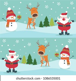 Seamless pattern with Santa, deer and Snowman. Vector illustration.