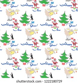 seamless pattern with santa, elk, christmas tree, gifts of happy new year