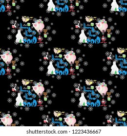 seamless pattern with santa, elk, christmas tree, gifts of happy new year