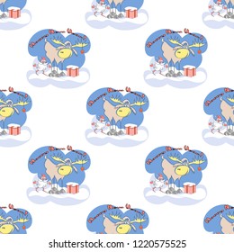 seamless pattern with santa, elk, gift and happy new year