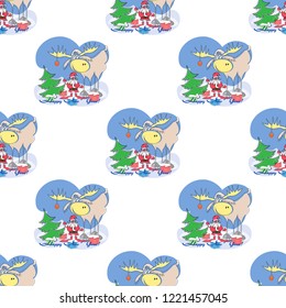 seamless pattern with santa, elk, gift and happy new year
