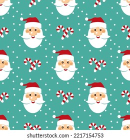 Seamless pattern with santa face and candy canes. Christmas and New Year symbols for banner, wallpaper, wrapping paper or fabric. Flat design vector illustration.