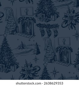 Seamless pattern with Santa, fir trees and other Christmas elements in toile style. Vector