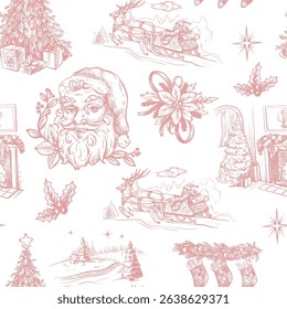 Seamless pattern with Santa, fir trees and other Christmas elements in toile style. Vector