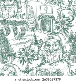 Seamless pattern with Santa, fir trees and other Christmas elements in toile style. Vector