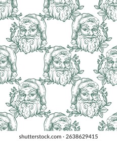 Seamless pattern with Santa, fir trees and other Christmas elements in toile style. Vector