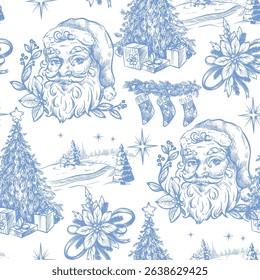 Seamless pattern with Santa, fir trees and other Christmas elements in toile style. Vector