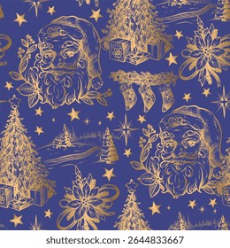 Seamless pattern with Santa, fir trees and other Christmas elements in toile style. Vector