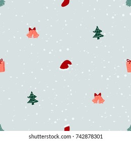 Seamless pattern with Santa hat, gifts, bells and Christmas trees. Xmas and winter holidays elements background. Hand drawn vector texture.
