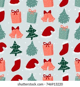 Seamless pattern with Santa hat, gifts, bells and Christmas trees. Xmas and winter holidays elements background. Hand drawn vector texture.