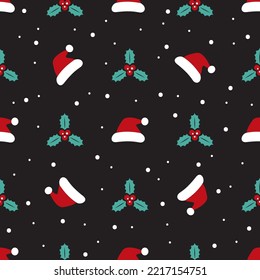 Seamless pattern with Santa hat and holly berries. Christmas and New Year symbols for banner, wallpaper, wrapping paper or fabric. Flat design vector illustration.