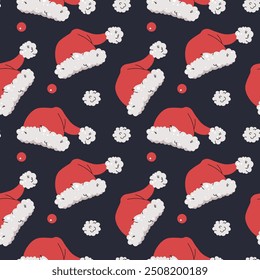 Seamless pattern with Santa hat. Vector holiday texture in flat style. Merry Christmas and Happy New Year. Suitable for wallpaper, wrapping paper, fabric, etc.