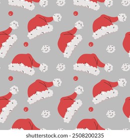 Seamless pattern with Santa hat. Vector holiday texture in flat style. Merry Christmas and Happy New Year. Suitable for wallpaper, wrapping paper, fabric, etc.