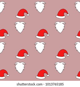 Seamless pattern of Santa hats, moustache and beards. Christmas background for your festive design.