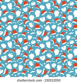 Seamless pattern of Santa hats, moustache and beards. Christmas retro background for your festive design. 