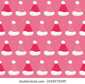 Seamless Pattern of Santa Hats on Pink Background