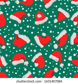 Seamless pattern with santa hats and snow. Design element for poster, card, banner, flyer. Vector illustration