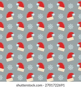 Patrón sin fisuras con sombreros de Santa y copos de nieve. Fondo estacional de invierno de Vector.