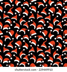 Seamless pattern of Santa hats. Various Santa hats on black background. 