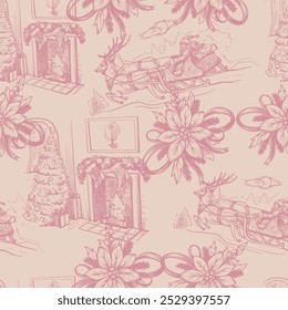 Seamless pattern with Santa, poinsettia, fir tree in toile style. Vector