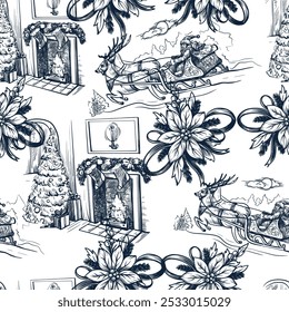 Seamless pattern with Santa, poinsettia, fir tree in toile style. Vector