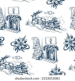 Seamless pattern with Santa, poinsettia, fir tree in toile style. Vector