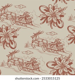 Seamless pattern with Santa, poinsettia, fir tree in toile style. Vector