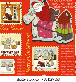 Seamless pattern with Santa and postage stamps. Seamless pattern contains images of postage stamps for winter holiday's theme, Santa and text  on red background. Winter holiday's style.
