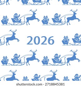 Padrão contínuo de Santa com rena e trenó cheio de presentes, apresentando 2026, sobre fundo branco