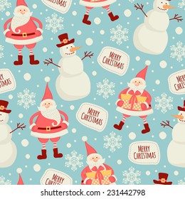 Seamless pattern with Santa and snowman. Merry Christmas.