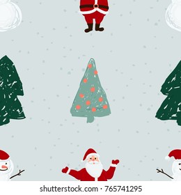 Seamless pattern with Santa, snowmen and Christmas trees