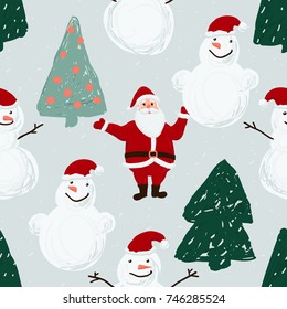 Seamless pattern with Santa, snowmen, snowflakes and Christmas trees. Xmas and winter holidays elements background. Hand drawn vector texture.