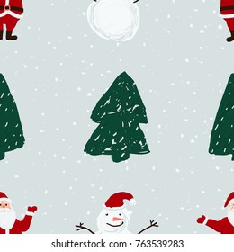 Seamless pattern with Santa, snowmen, snowflakes and Christmas trees. Xmas and winter holidays elements background. Hand drawn vector texture.