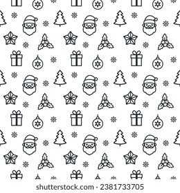 Seamless pattern Santa, tree, Christmas ball, snowflake, and giftbox design for wallpaper, wrapping, paper, and fabric. Vector illustration on isolated white background.
