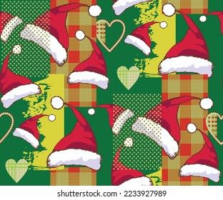 Seamless pattern Santa's hat. Green background. Suitable for background, fabric, mural, wrapping paper and the like.