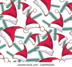 Seamless pattern Santa's hat and spruce branch. Suitable for background, fabric, mural, wrapping paper and the like.