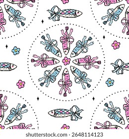 Seamless pattern sardine and coquette bow .Vector illustration.