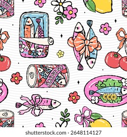Seamless pattern sardine and coquette bow .Vector illustration.