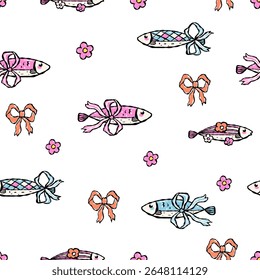 Seamless pattern sardine and coquette bow .Vector illustration.