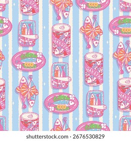 Seamless pattern sardine and coquette bow .Vector illustration.