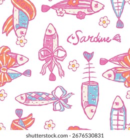 Seamless pattern sardine and coquette bow .Vector illustration.