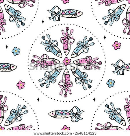 Seamless pattern sardine and coquette bow .Vector illustration.