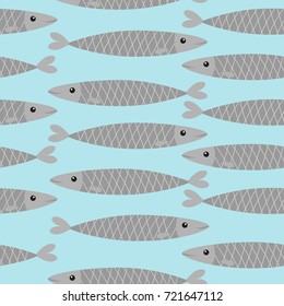 Seamless Pattern. Sardine gray fish icon set. Iwashi. Sardina pilchardus. Cute cartoon character. Anchovy pilchard. Water animal. Marine life. Flat design Blue background Isolated Vector illustration