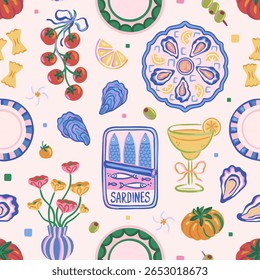 Padrão contínuo de estanho de sardinha, ostras, limões, tomates, coquetel, azeitonas, pratos. Comida e bebida mediterrânea à mão. Jantares de verão e frutos do mar. Design vetorial