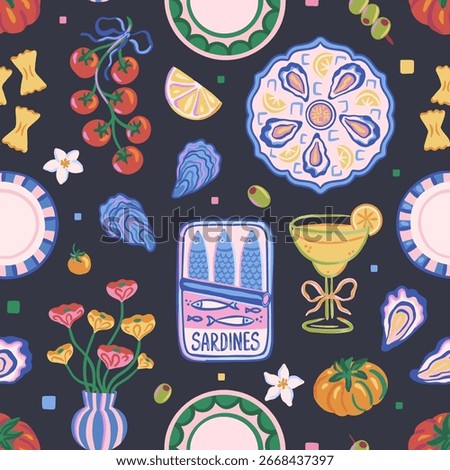 Seamless pattern of sardine tin, oysters, lemons, tomatoes, cocktail, olives, plates on dark background. Hand-drawn Mediterranean food and drink. Summer dining and seafood.