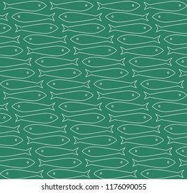 A seamless pattern of sardines over a green background. Vector illustration