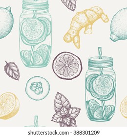 Seamless pattern with Sassy water ink hand drawn illustration. Healthy drink recipe in pastel colors. Vintage vector sassy water background